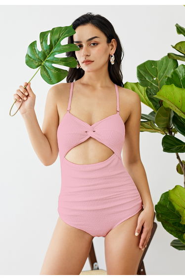 Twisted Cutout Wavy Textured Swimsuit in Pink