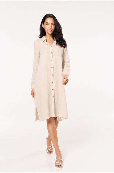 Beige Linen Blend Midi Shirt Dress
