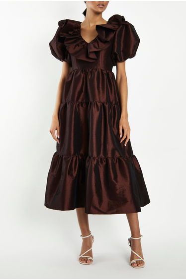Althia Chocolate Taffeta Tiered Midaxi Dress