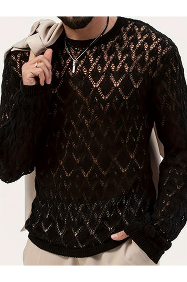 Men Black Knitted Texture Long Sleeve T-Shirt