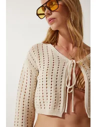 Women's Cream Openwork Knitwear Bolero Cardigan - 1