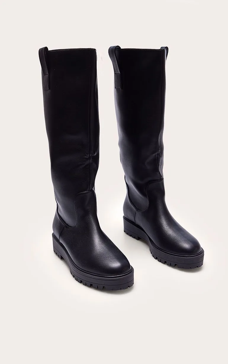 Black Buttery Faux Leather Wide Shaft Knee High Riding Boot - 2