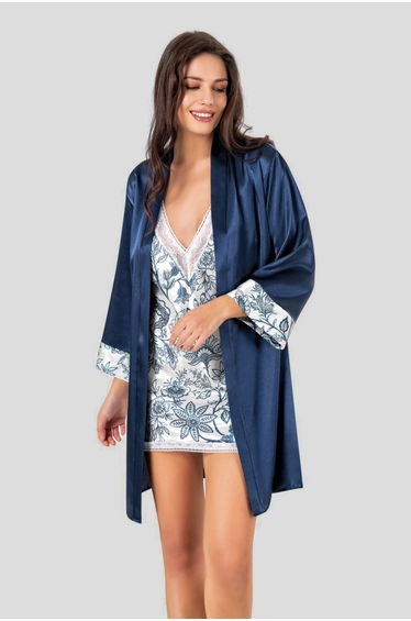 Navy Blue 2 Pack Floral Satin Weave Dressing Gown + Nightgown