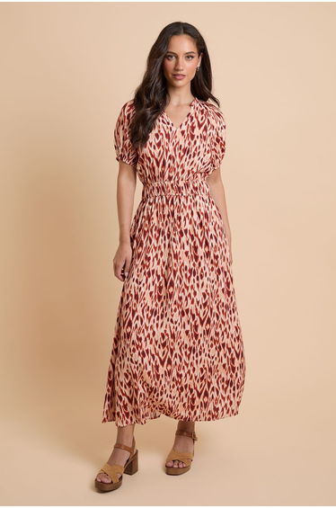 Orange Animal Puff Sleeve Waisted Midi Dress
