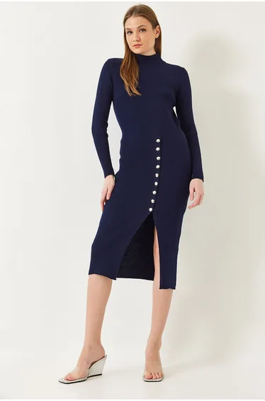LUCCI Ribbed Textured Turtleneck Midi Knitted Dress