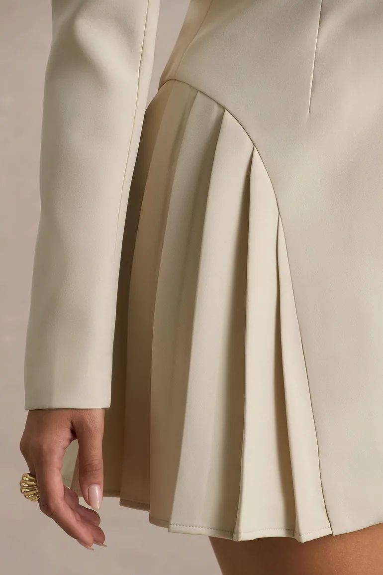 Blossoming | Nude Plunge-Neck Tailored Mini Dress With Pleating - 5