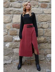 Women's Tile Leather Belt Accessory Wrap Cut Midi Length Velvet Skirt - 4