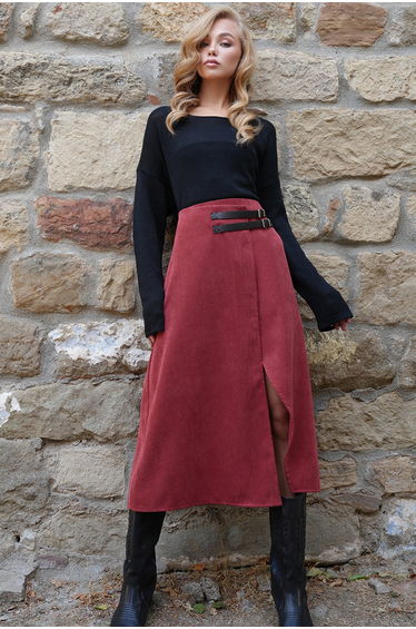Women's Tile Leather Belt Accessory Wrap Cut Midi Length Velvet Skirt