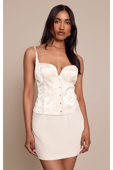 Cream Floral Embossed Hook and Eye Corset
