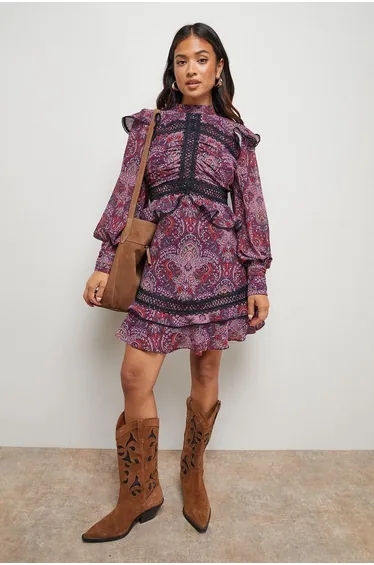 Petite Ruched Bodice Trim Detail Mini Dress