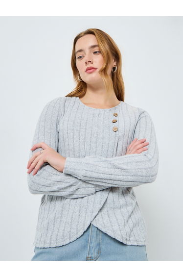 Women Grey Button Side Detail Ribbed Top
