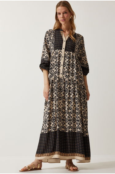 Women's Black Beige Patterned Oversize Summer Viscose Dress