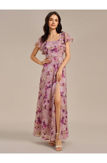 ever WISTERIA|Floral Print Flutter Sleeve Side Split Maxi Formal Dress
