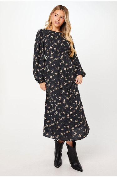 Ditsy Floral Shirred Waist Long Sleeve Midi Dress