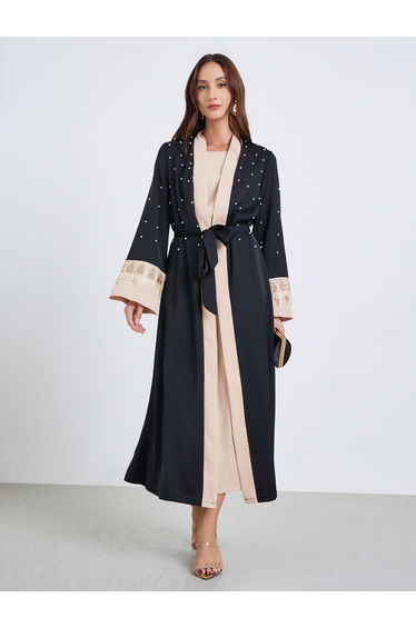 Women Faux Pearl Decor Belted Abaya and Dress Co-Ords