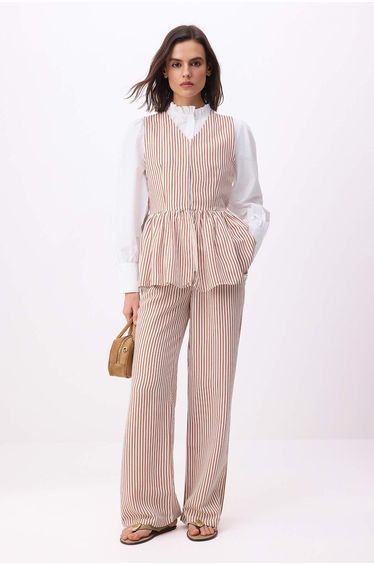 Multi-Colored Regular Linen-Look Striped Woven 3-Piece Hijab Set - Top and Bottom Set