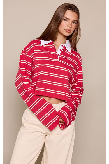 Red Stripped Cropped Collar Detail Long Sleeve T-Shirt