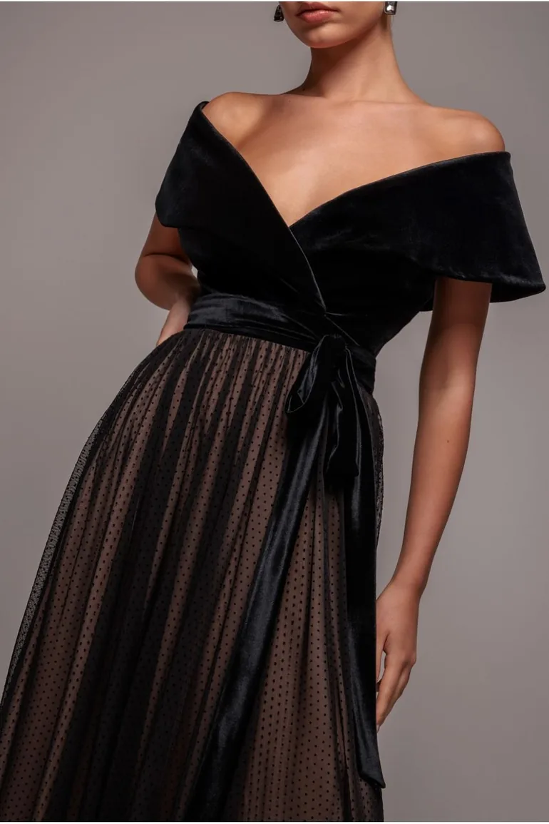 Velvet Bardot Dobby Mesh A Line Maxi Dress - Black by Goddiva - 2