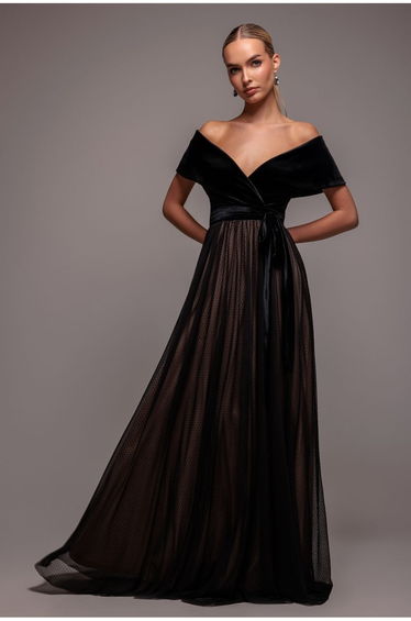Velvet Bardot Dobby Mesh A Line Maxi Dress - Black by Goddiva