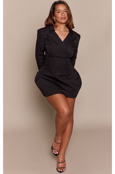 Shape Black Curved Hip Corset Long Sleeve Blazer Dress