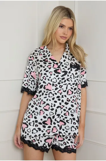 Animal Heart Lace Trim Nightwear Shorts Set