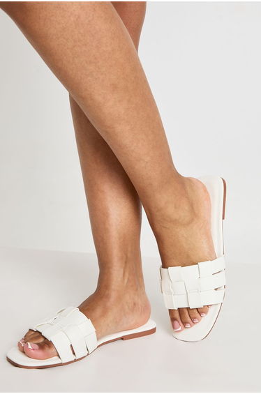 Woven Square Toe Sliders - white