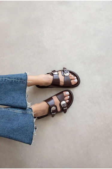 Orban Women's Buckle Detail Daily Comfort Leather Slippers Brown