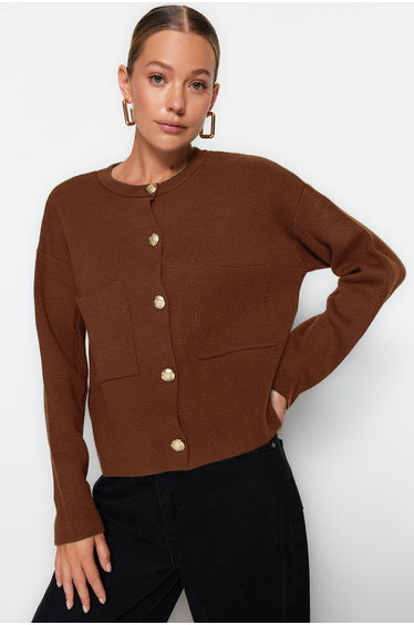 Brown Button Detailed Jacket-Looking Knitted Cardigan