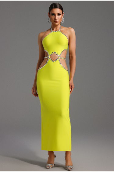 Juyce Halter Sleeveless Hollow Out Diamond Bandage Maxi Dress
