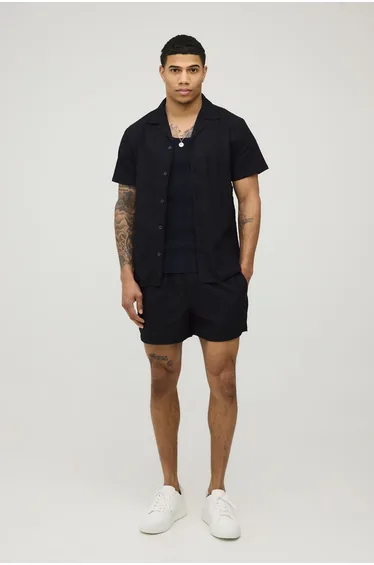 Holiday Linen Blend Regular Shirt & Relaxed Short Set - black