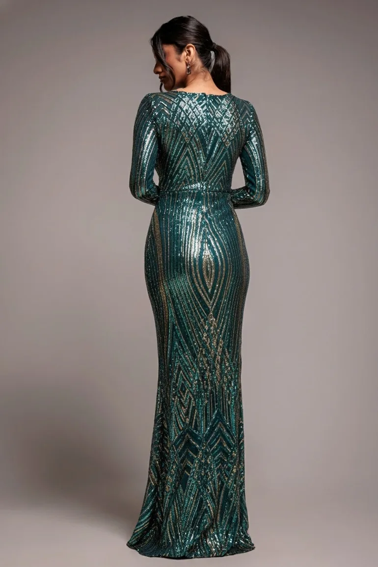 Goddiva Two Toned V Neck Sequin Maxi - Emerald Green - 1