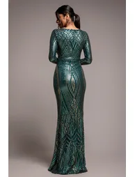 Goddiva Two Toned V Neck Sequin Maxi - Emerald Green - 1