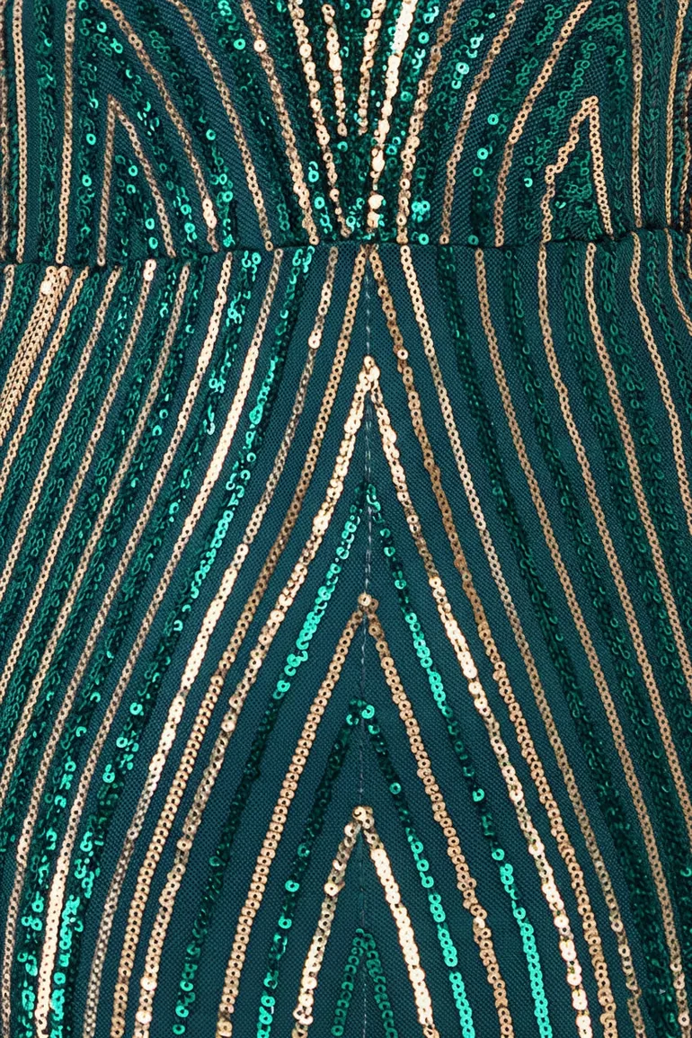 Goddiva Two Toned V Neck Sequin Maxi - Emerald Green - 3
