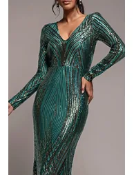 Goddiva Two Toned V Neck Sequin Maxi - Emerald Green - 2