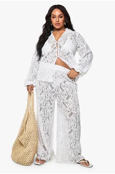 Plus Crochet Lace Wide Leg Beach Trouser - cream
