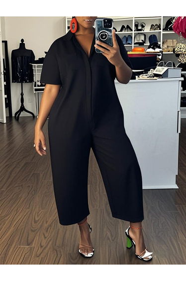 Loose Short Sleeves Buttoned Solid Color Lapel Jumpsuits