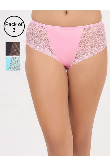 Pack of 3-Mid Waist Hipster Panties with Lace Wings - Cotton