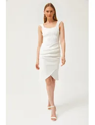 Women's Ecru Skirt Wraped Corsage Detailed Diving Midi Dress - 2