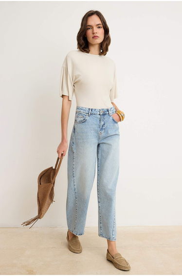 Light Blue High Waist Stitching Detailed Barrel Jeans