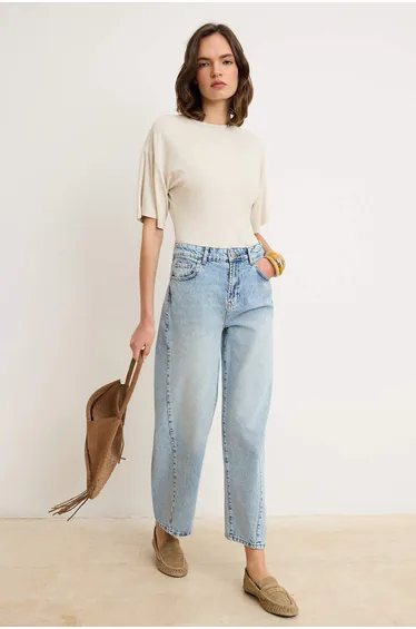 Light Blue High Waist Stitching Detailed Barrel Jeans