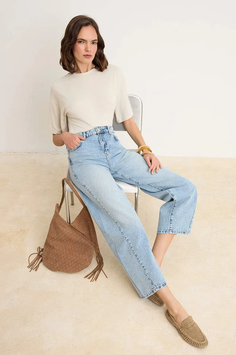 Light Blue High Waist Stitching Detailed Barrel Jeans - 1