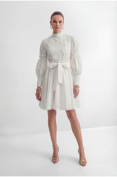 Loveliest Looks White Floral Embroidery Belted Mini Dress