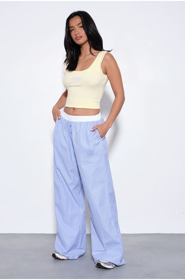 DSGN Studio Henley Button Cotton Poplin Stripe Straight Leg Trouser - blue