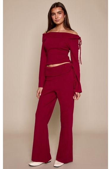 Cherry Foldover Tie Side Knitted Wide Leg Trouser