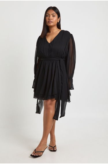Plus Chiffon Volume Sleeve Tie Waist Mini Skater Dress - black