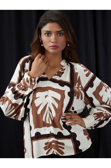 Women Brown Abstract Print V-Neck Top