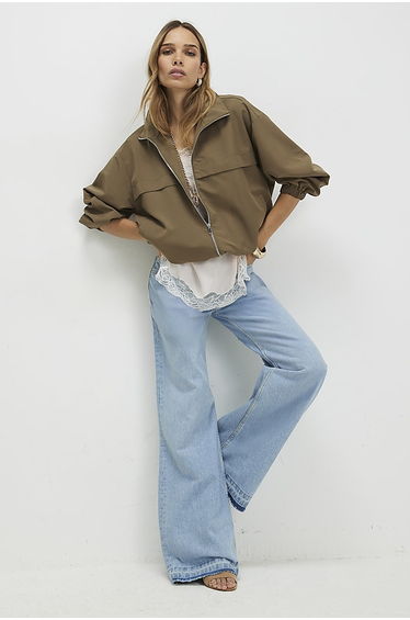 Blue Clean Waist Wide Leg Turn Down Hem Jeans