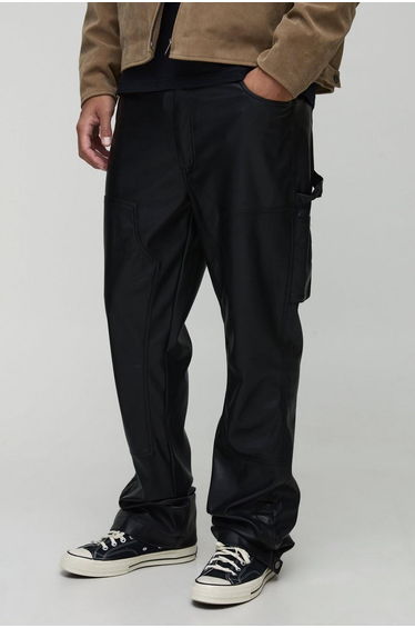Tall Leather Look Flared Carpenter Trousers - black