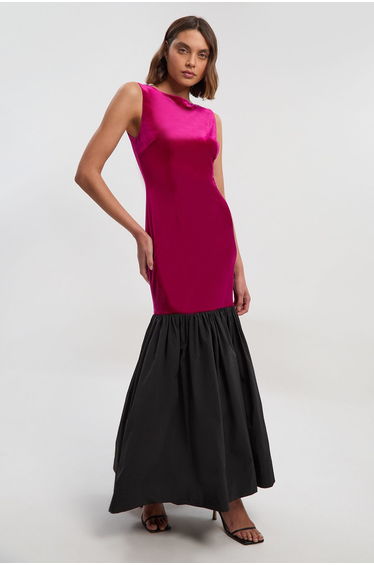 Petite Velvet Sleeveless Body With Taffeta Drop Waist Maxi Dress