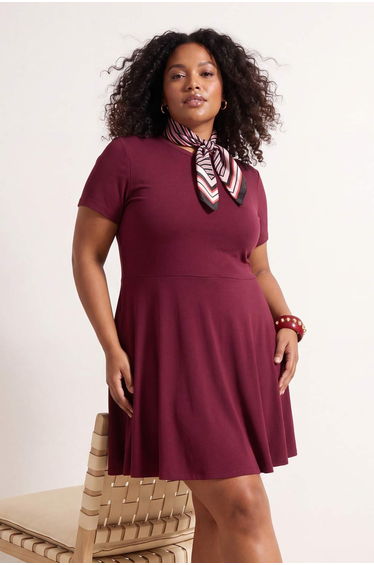 Burgundy Basic Comfortable Drapey Skater Knitted Plus Size Dress